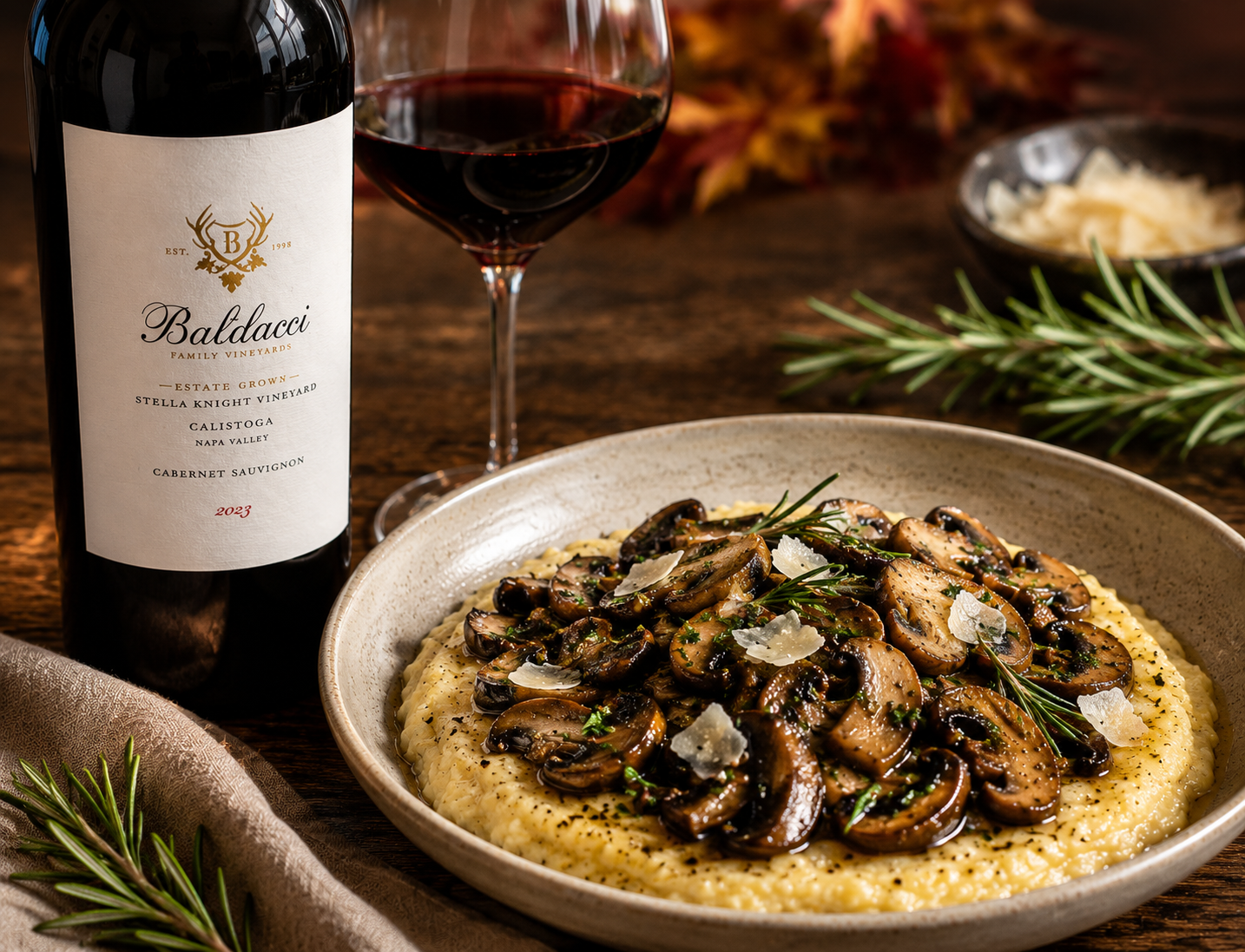 Wild mushroom and rosemary polenta in a shallow bowl, finished with shaved Parmesan
