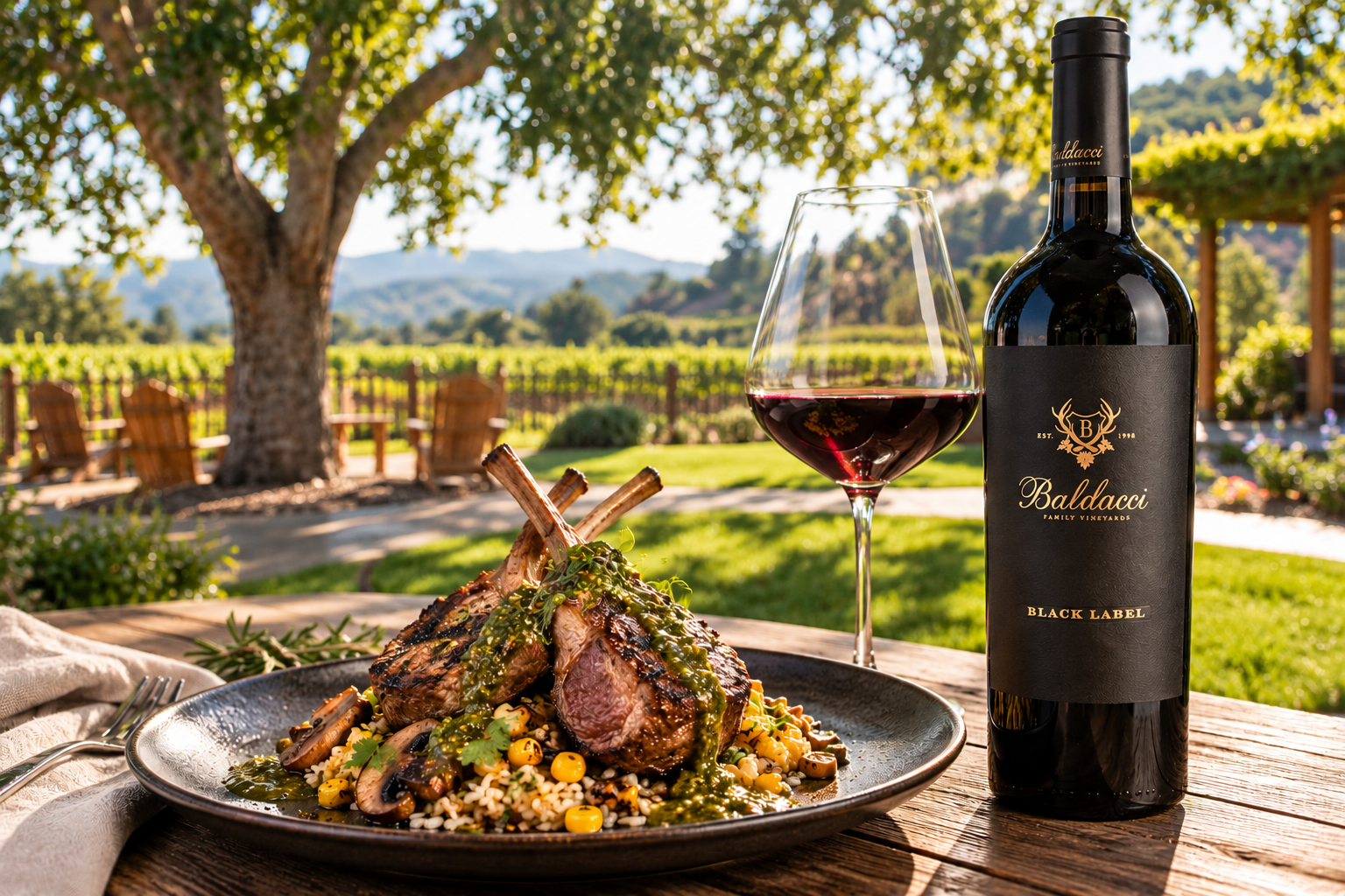 Seared lamb chops over mushroom and charred-corn rice, finished with roasted tomatillo sauce